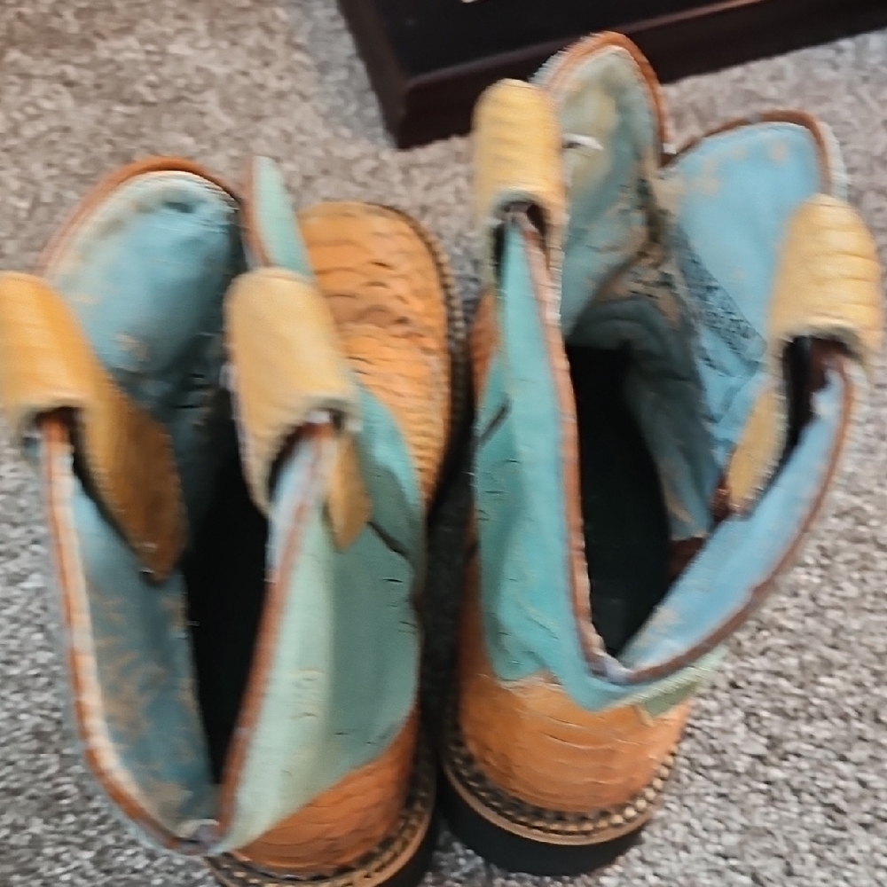 Ariat Turquoise and Tan Snakeskin Print Cowboy Boots - Picture 5 of 6